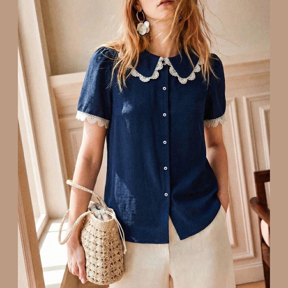 Navy Blue Lace Trim Peter Pan Collar Short Sleeve Button Up Blouse